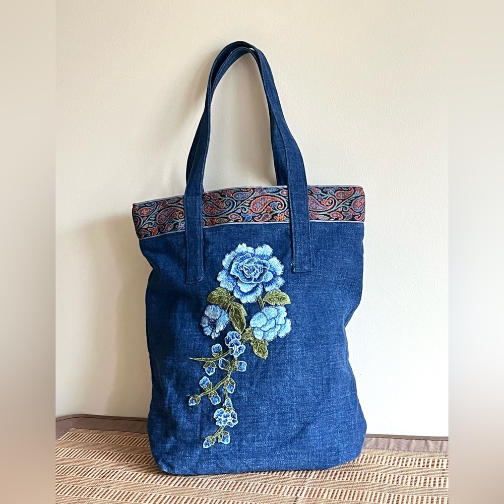 Blue Denim Floral Tote Bag, boho Shoulder Bag, Market Slouchy Bag